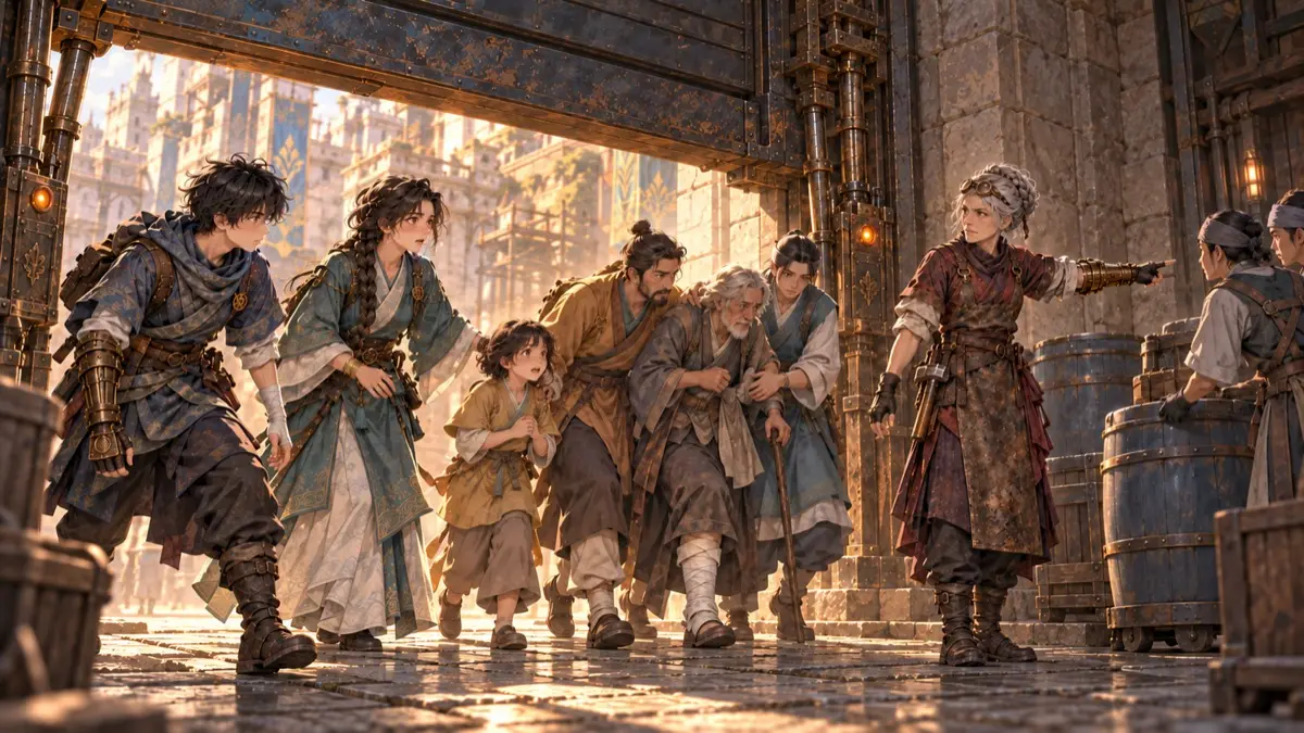 Tarel and Sena lead frightened villagers out through a great gate.