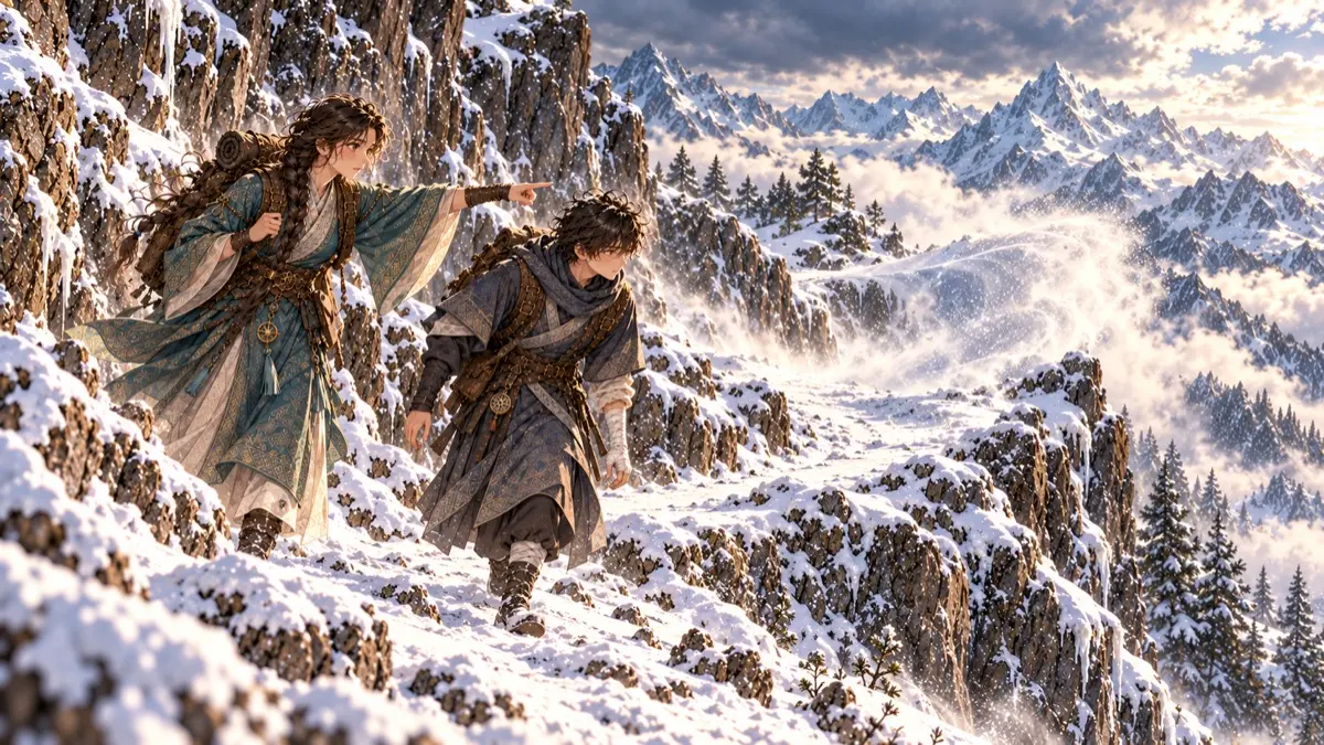 Sena and Tarel climb a snowbound mountain path through blowing snow.