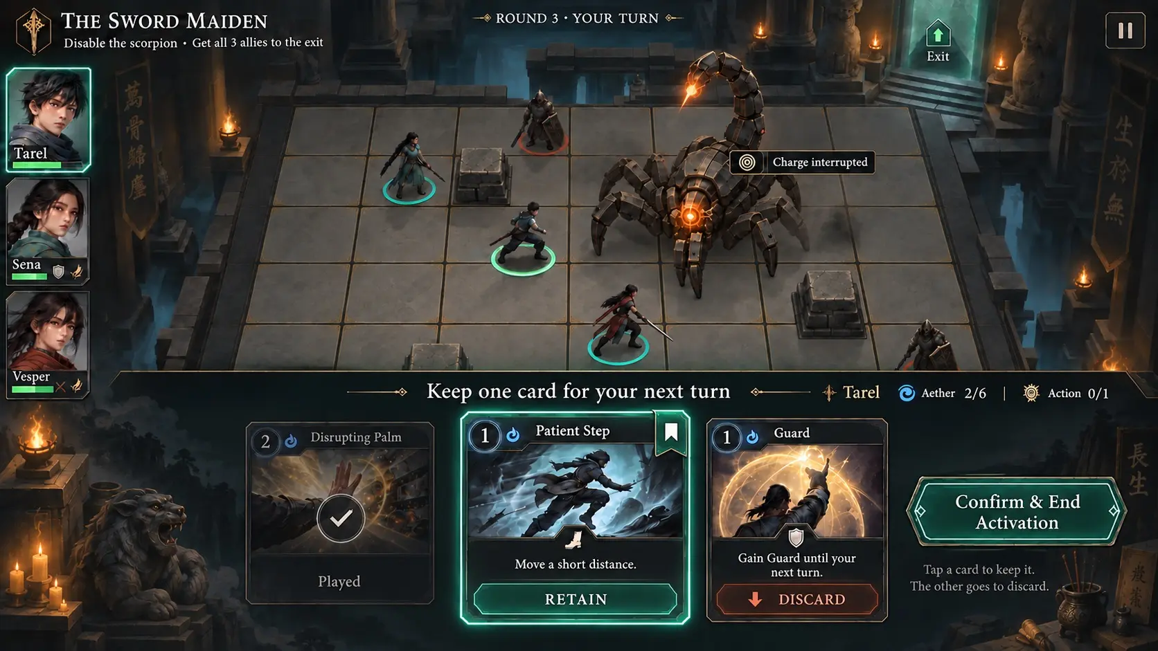 Sacred Ascent combat screen: Tarel, Sena and Vesper face a mechanical scorpion on a stone grid. The player chooses which technique card to retain.