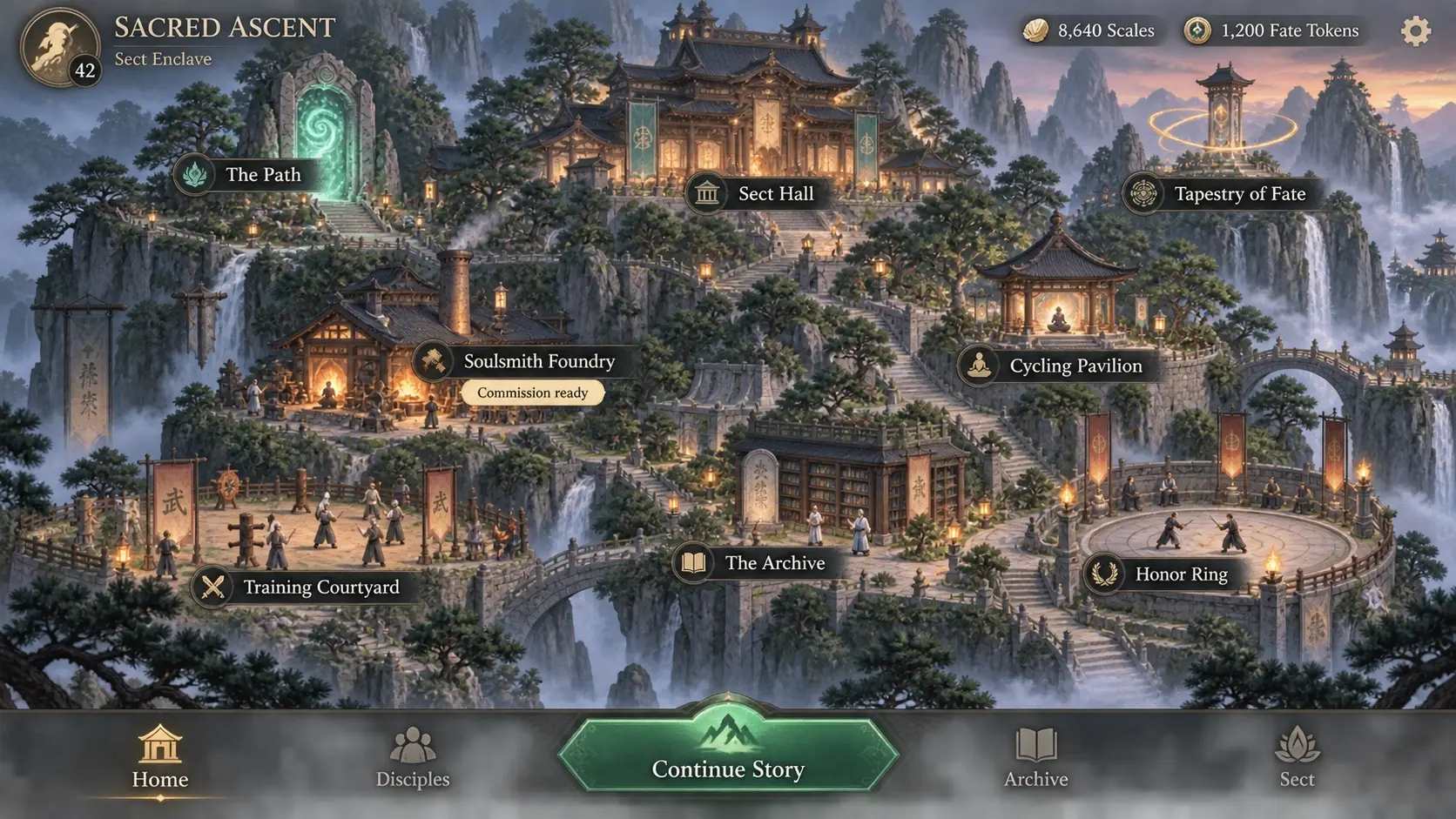 The Sect Enclave hub: a mountain monastery with labelled buildings for each game mode.