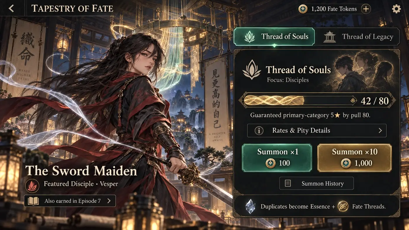 The Tapestry of Fate summoning screen with visible pity progress, rates button and a note that the featured disciple can also be earned in Episode 7.